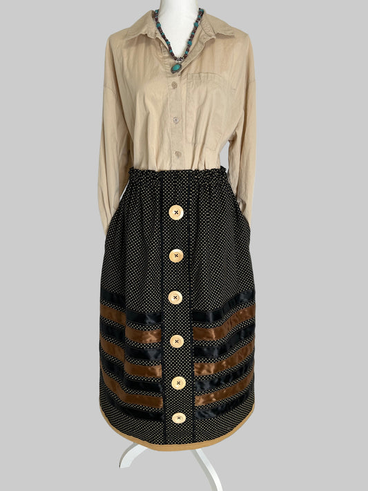 Black & Tan Ribbon Skirt with Buttons and Pockets