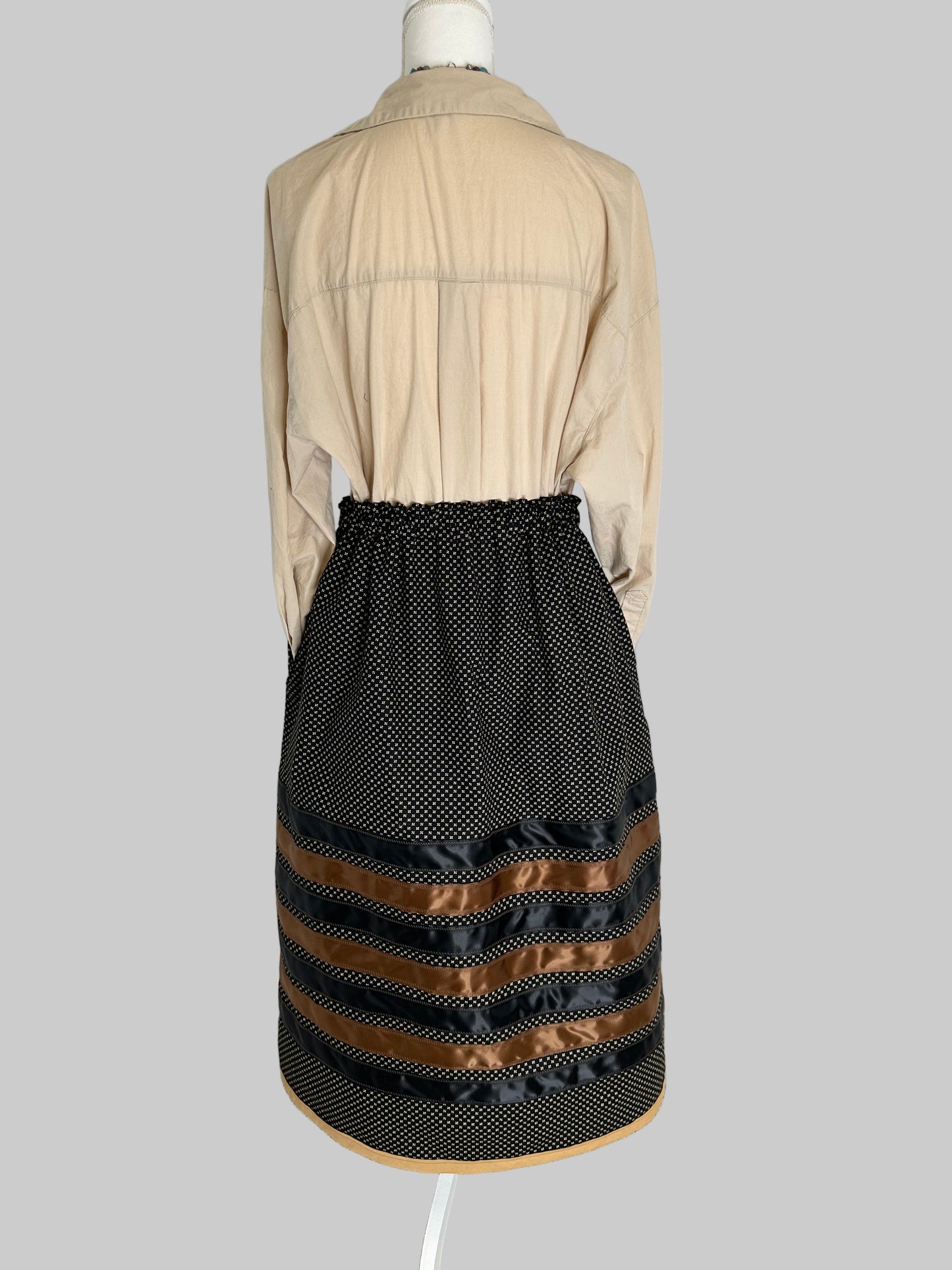 Black & Tan Ribbon Skirt with Buttons and Pockets